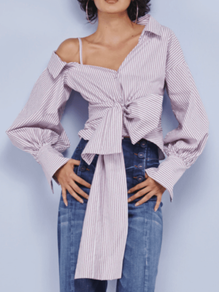 

Spring Long sleeve Regular Fit Striped Date Shirt Collar Daily Tops, Stripe, Blouses and Shirts