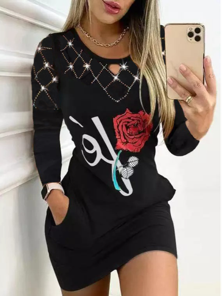 

Floral Crew Neck Party Dresses, Black, Casual Dresses