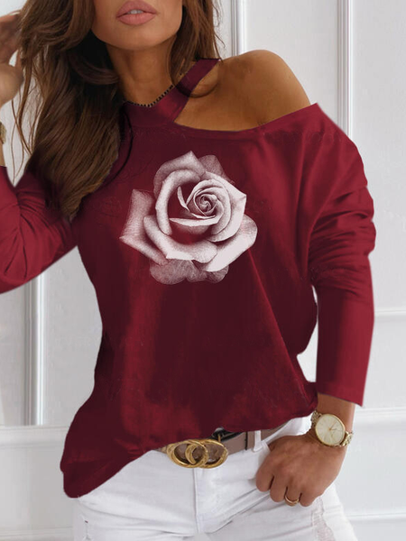 

Cotton Blends Notched Floral Casual Shirts & Tops, Wine red, Hoodies & Sweatshirts