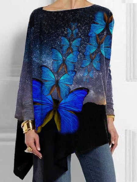 

Vacation Loosen Butterfly Asymmetric Shirts & Tops, Deep blue, Tops