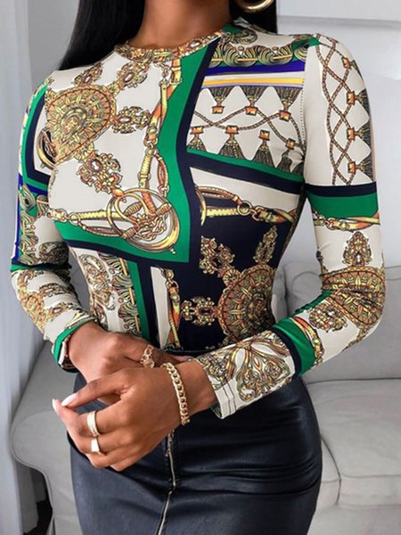 

Crew Neck Printed Elegant Long sleeve Top, As picture, Blouses and Shirts