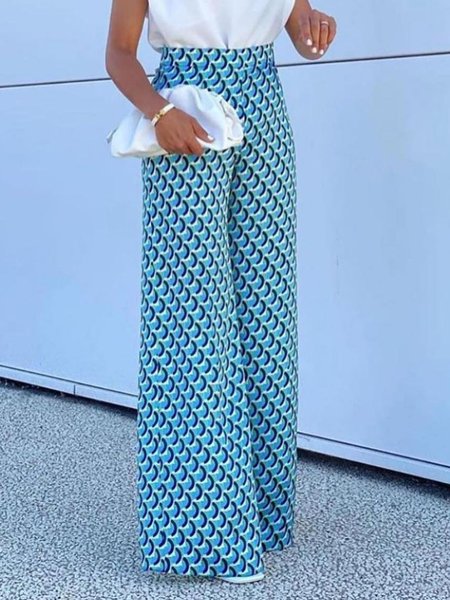 

Geometric Elegant Wide Leg Long Pants, Blue, Wide Leg Pants