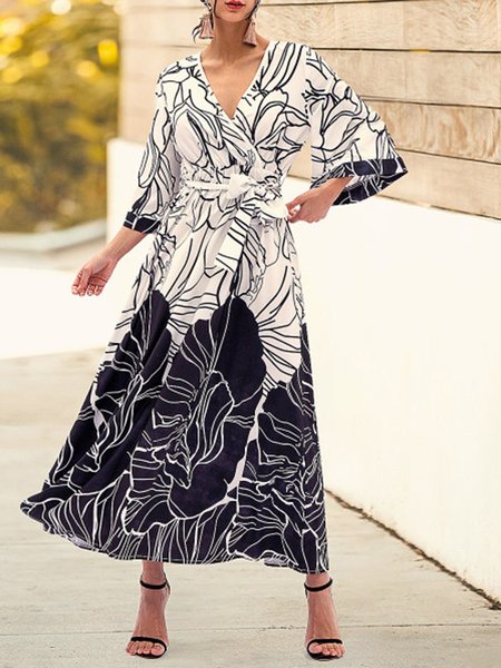 

Elegant V Neck Three Quarter Dress, Black-white, Maxi Dresses