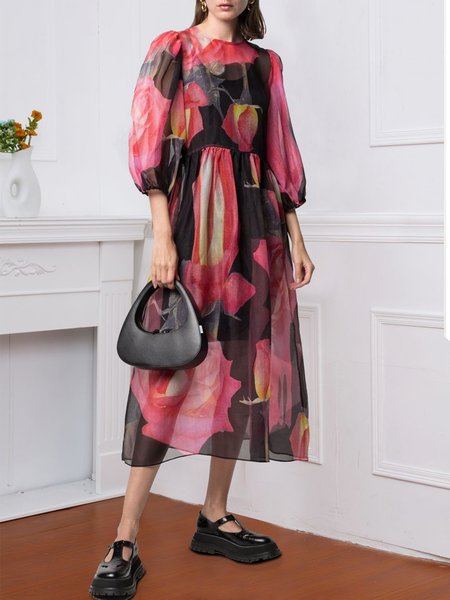 

Valentine's day rose flower waist pleated dress, Multicolor, Formal Dresses
