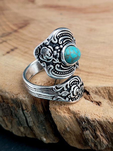 

Vintage Turquoise Carved Alloy Ring, As picture, Rings