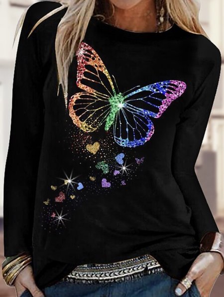

Butterfly Casual Vacation Cotton Blends Shirts & Tops, Black, Dresses