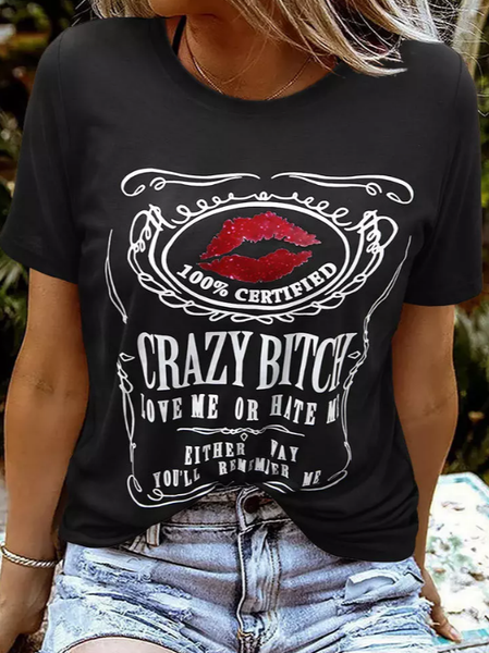 

Letter Red Lips Pattern Black Short Sleeve Top Loosen Casual Shirts & Tops, Tops