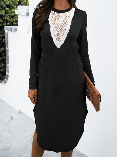 

Vacation Crew Neck Cotton Blends Dresses, Black, Midi Dresses