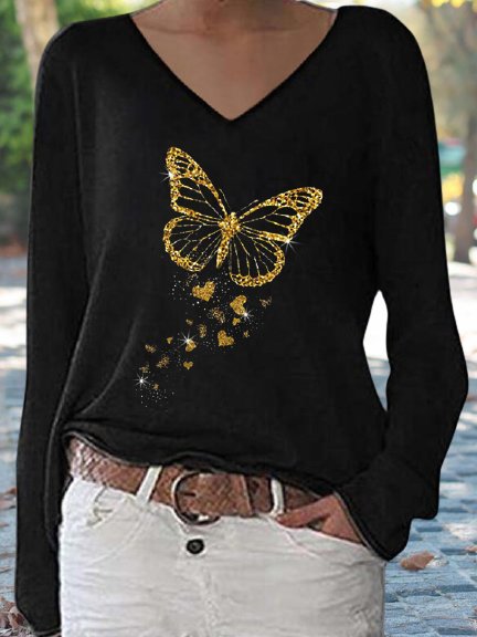 

Butterfly Off Shoulder V Neck Long Sleeve Shirts & Tops, Black, Tops