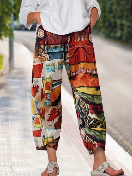 

Abstract Printed Loosen Elastic Waist Casual Ninth Pants, Multicolor, Pants