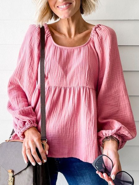 

Casual Solid Crew Neck Loosen Long Sleeve Shirts & Tops, Pink, Tops