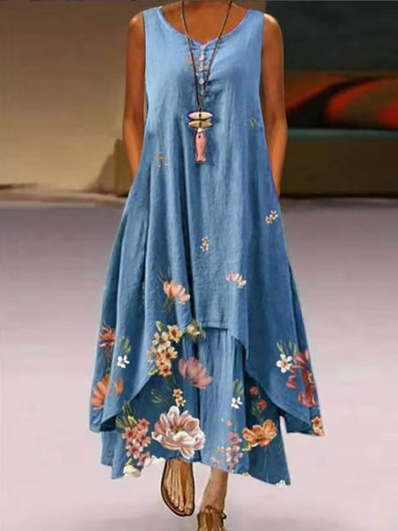 

V neck Casual Floral Irregular Craftsmanship Weaving Dress, Blue, Maxi Dresses