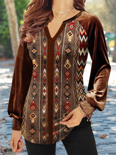 

Long sleeve V-neck notched neck solid color stitching geometric national style pattern gorgeous VELVET TOP Plus Size, Camel, Blouses & Shirts