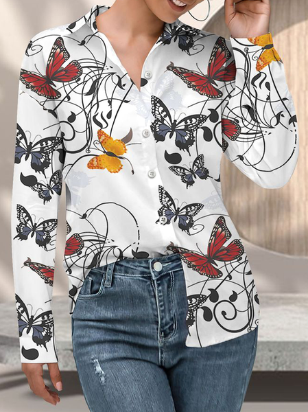 

Holiday White long-sleeved shirt with colorful butterfly vine pattern Loosen Shirt Collar Butterfly Shirts & Tops, Shirts & Blouses