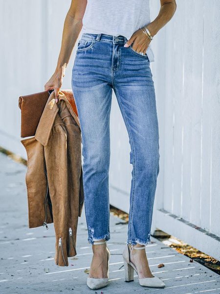 

Casual Pockets Zipper Denim Pants, Blue, Jeans