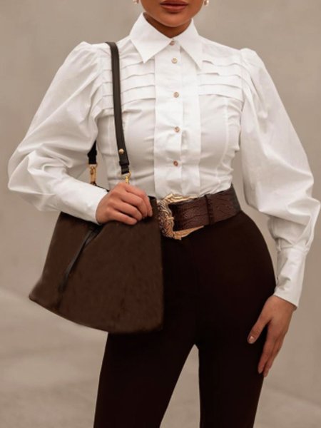 

Elegant Solid Shirt Collar Blouse, White, Blouses and Shirts