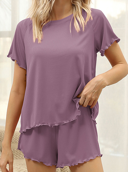 

Loosen Plain Solid Long Sleeve Suits, Purple, Two-piece Outfits