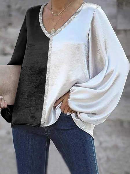 

Plus Size V Neck Casual Loosen Shirts & Tops Sequins, Black-white, Tops