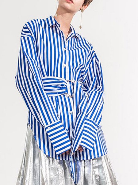 

Shirt Collar Striped Elegant Regular Fit Shirt, Blue, Blouses and Shirts