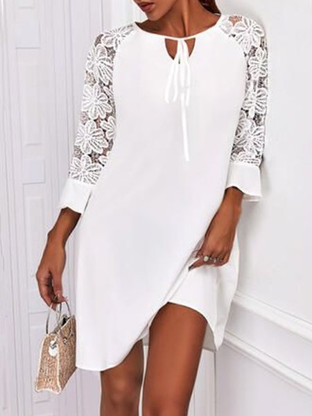 

Lace Casual Three Quarter Round Neck A-line Solid Dresses, White, Mini Dresses