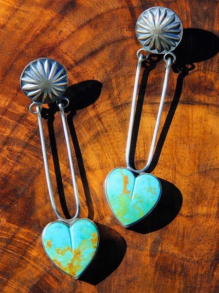 

Vintage Turquoise Heart Alloy Earrings, As picture, Earrings