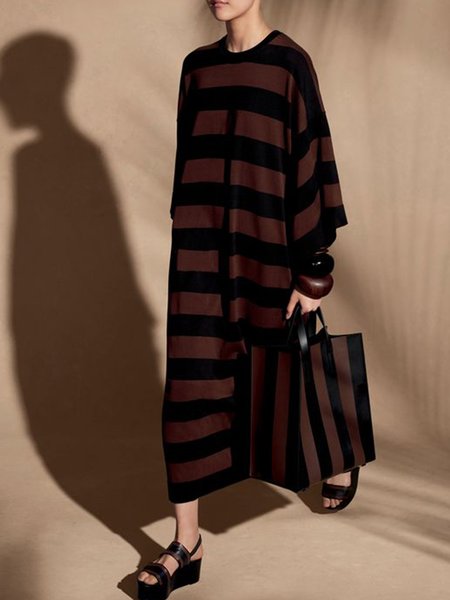 

Crew Neck Oversize Striped Maxi Dress, As picture, Maxi Dresses