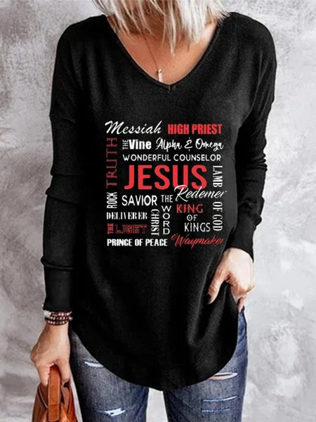 

V Neck Letter Casual Shirts & Tops, Black, Tops