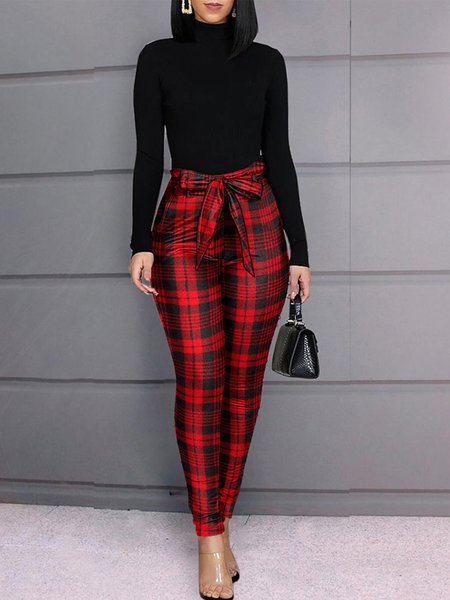 

High Neck Long Sleeve Skinny Casual Suit, As picture, Pants Set