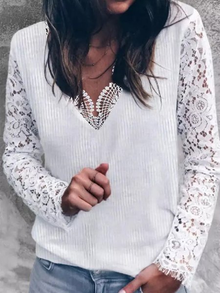 

Lace V Neck Casual Loosen Shirts & Tops, White, Tops