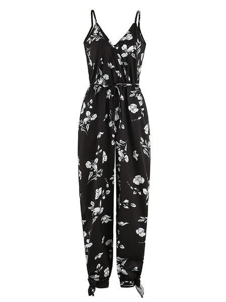 

Pockets Cotton Blends Floral Jumpsuit & Romper, Black, Jumpsuits