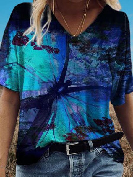 

Butterfly Printed Casual V Neck Short Sleeve T-shirt, Blue, Tees & T-shirts