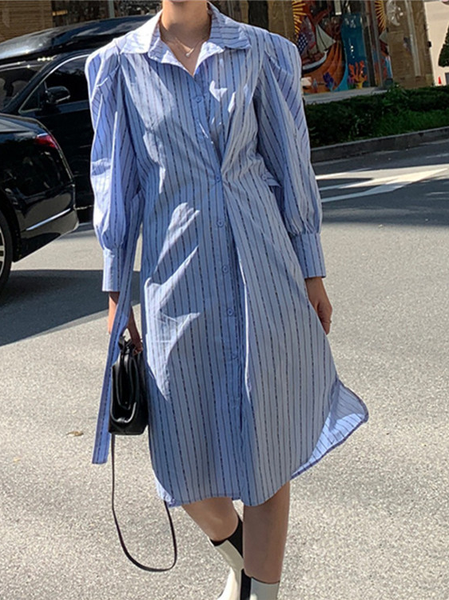 

Shirt Collar Casual Dresses, Lightblue, Midi Dresses