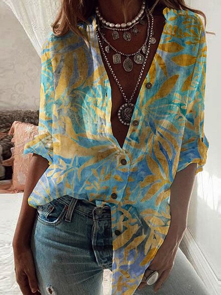 

V Neck Casual Loosen Leaves Shirts & Tops, Multicolor, Blouses & Shirts