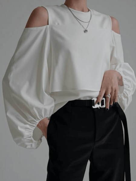 

Spring Long sleeve Crew Neck Plain Hollow Out Tops, White, Blouses and Shirts