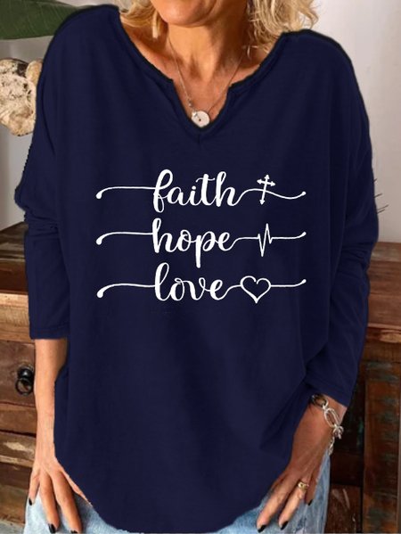 

Faith hope love notched neck long sleeve shirt, Purplish blue, Long sleeves