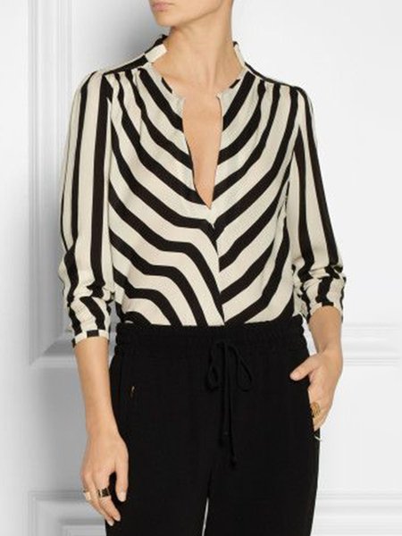 

Loosen Elegant Striped Long Sleeve Daily Top, As picture, Tops