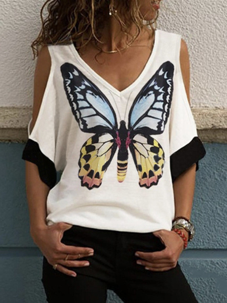 

Casual Loosen Butterfly Printed Half Sleeves V Neck Tops, White, Tops