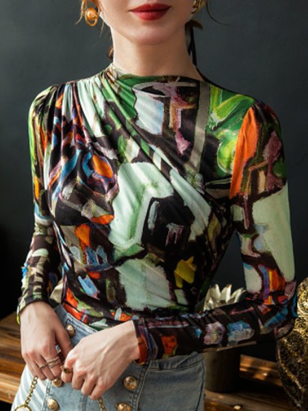 

Slim Fit Abstract Printed Basic Top, Flower, Tees