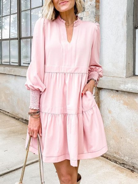 

Casual Loosen V neck Solid Long Sleeve Dresses, Pink, Mini Dresses
