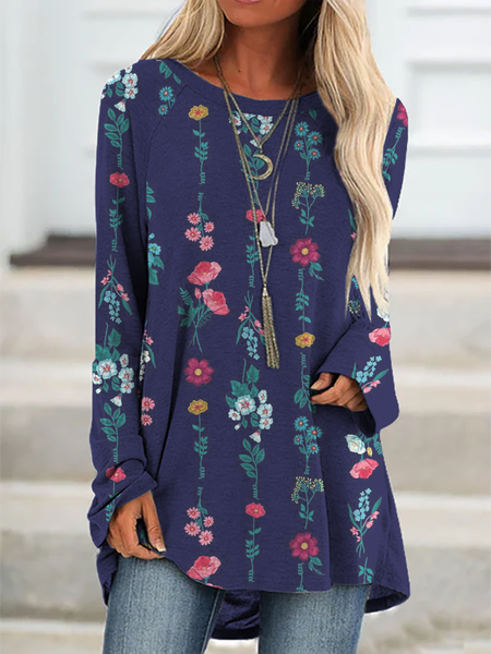 

Plus size Floral Printed Casual Shirts & Tops, Blue, T-Shirts