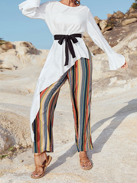 

Crew Neck Loosen Vacation Shirts & Tops, White, Tops