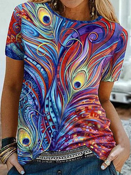 

Long sleeve round neck gradient geometric feather print short sleeve top T-shirt Plus Size, Blue, Tops