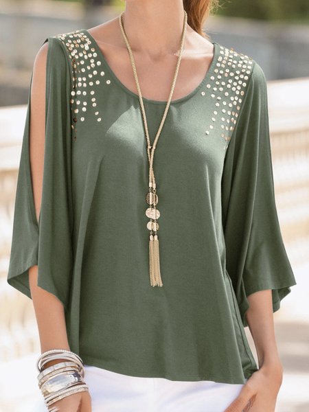 

Plain Casual Embroidered Shirts & Tops, Army green, Tops