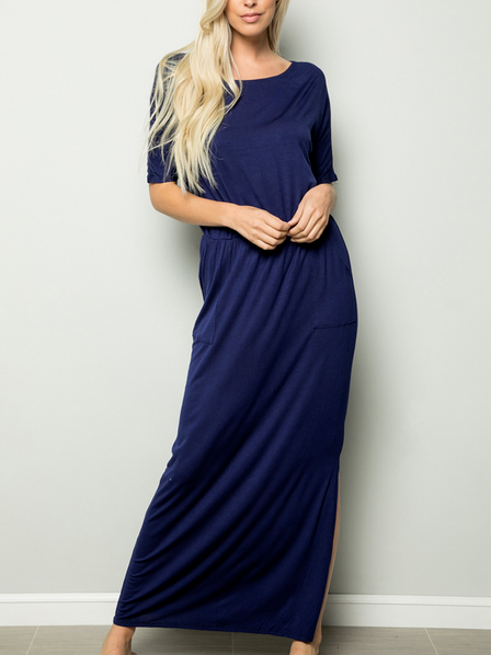 

Crew Neck Shirt Sleeve Simple Dresses, Purplish blue, Casual Dresses