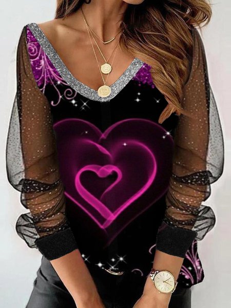 

V Neck See-Through Look Geometric Shirts & Tops, Black, Tops