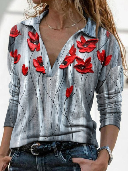 

Regular Fit Floral Shirt Collar Shirts & Tops, Gray, Tops