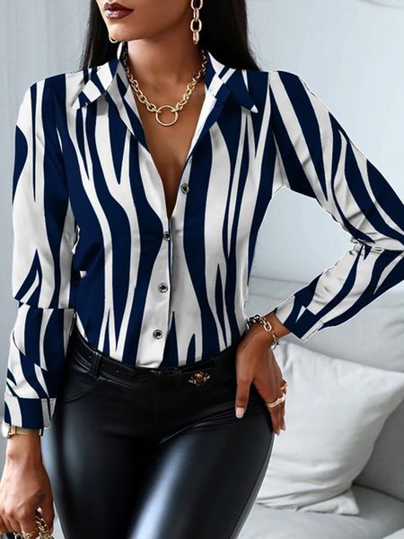 

Striped Shirt Collar Elegant Long Sleeve Blouse, Blue, Blouses and Shirts