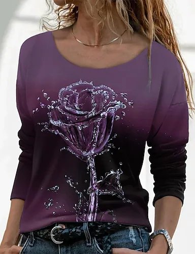 

Floral Cotton Blends Loosen Tops, Purple, Tops