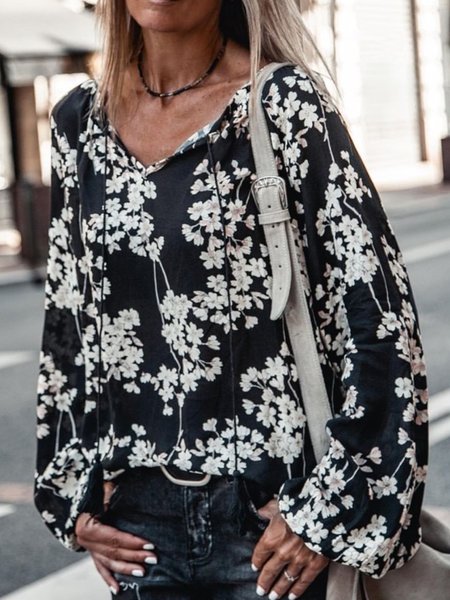 

Floral Loosen Vacation Shirts & Tops, Black, Tops