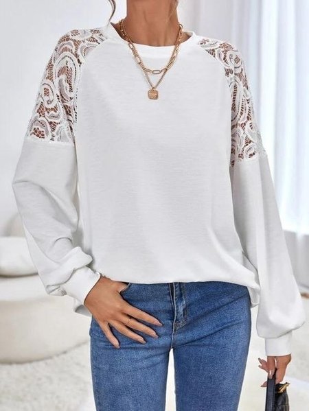 

Lace Loosen Long Sleeve Casual Shirts & Tops, White, Tops